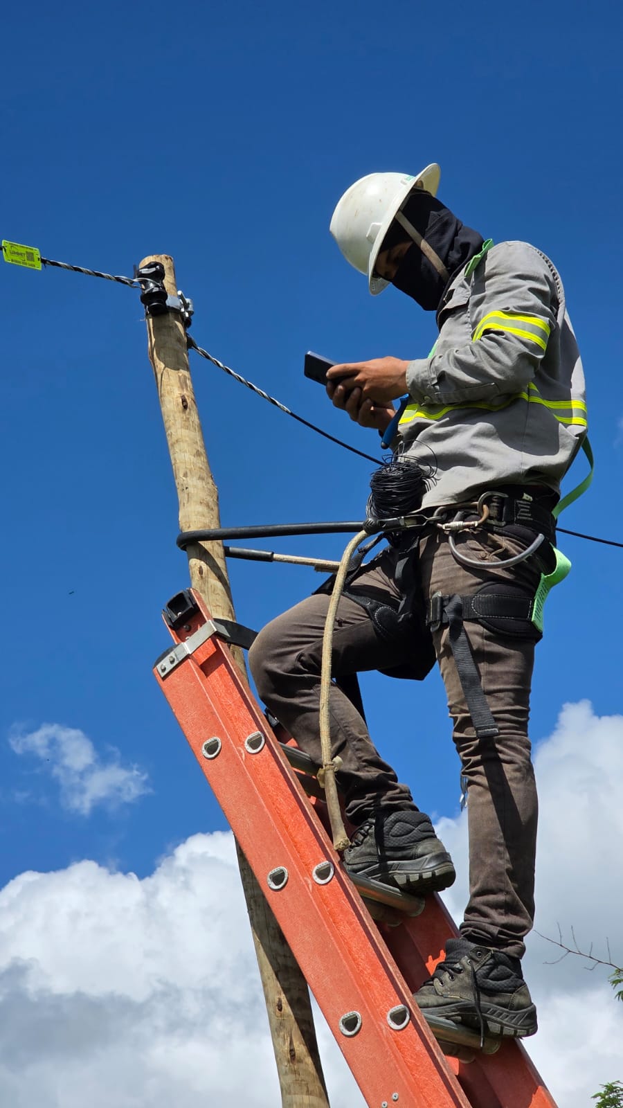 Técnico efetuando reparos em poste com segurança
